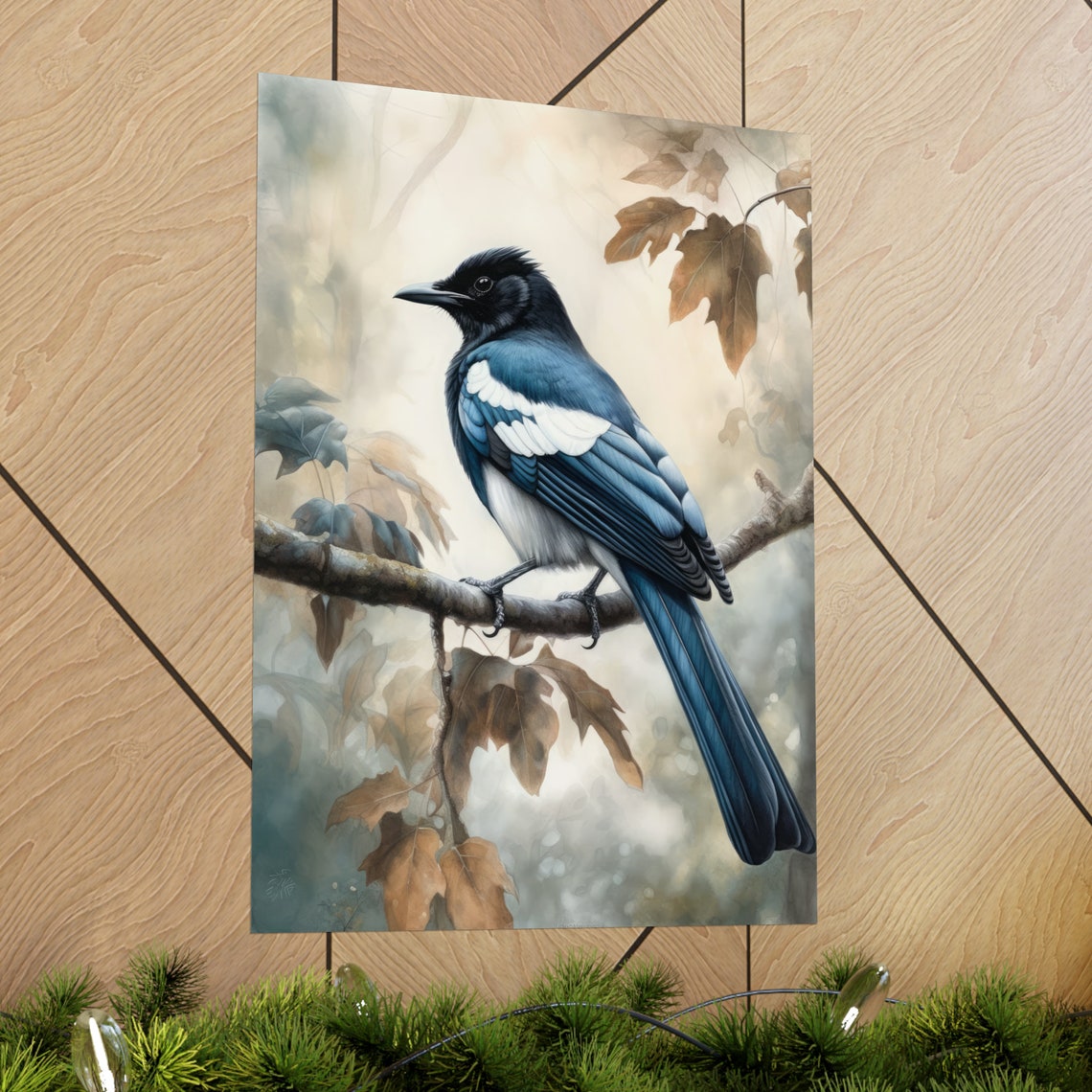 Black Billed Magpie Perched on Autumn Branch Watercolor Bird Poster - Image 2