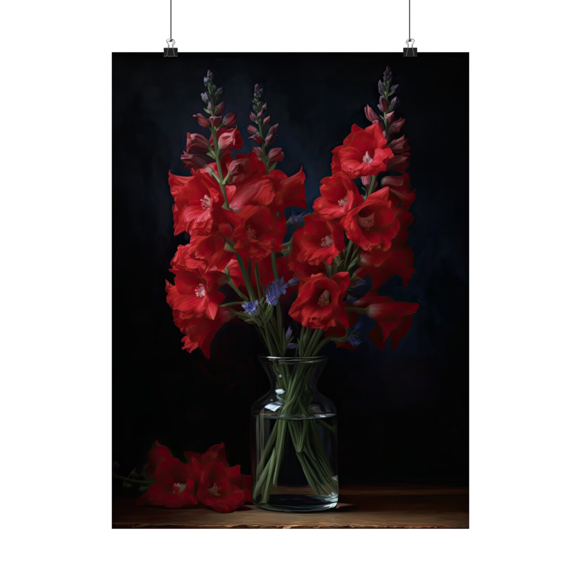 Scarlet Red Delphinium Bouquet Glass Vase Dark Still Life Poster - Image 5