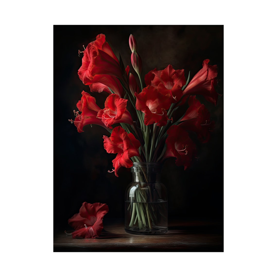 Red Gladiolus Blooms Glass Vase Dark Moody Still Life Flower Poster - Image 4