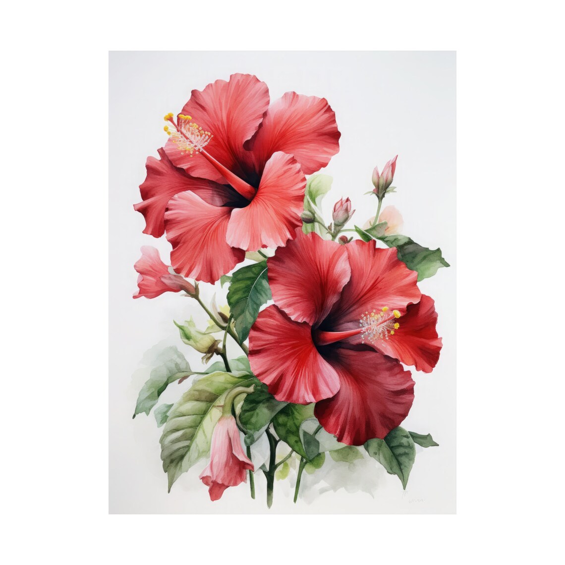 Red Hibiscus Flowers Watercolor Tropical Botanical Fine Art Poster - Image 4