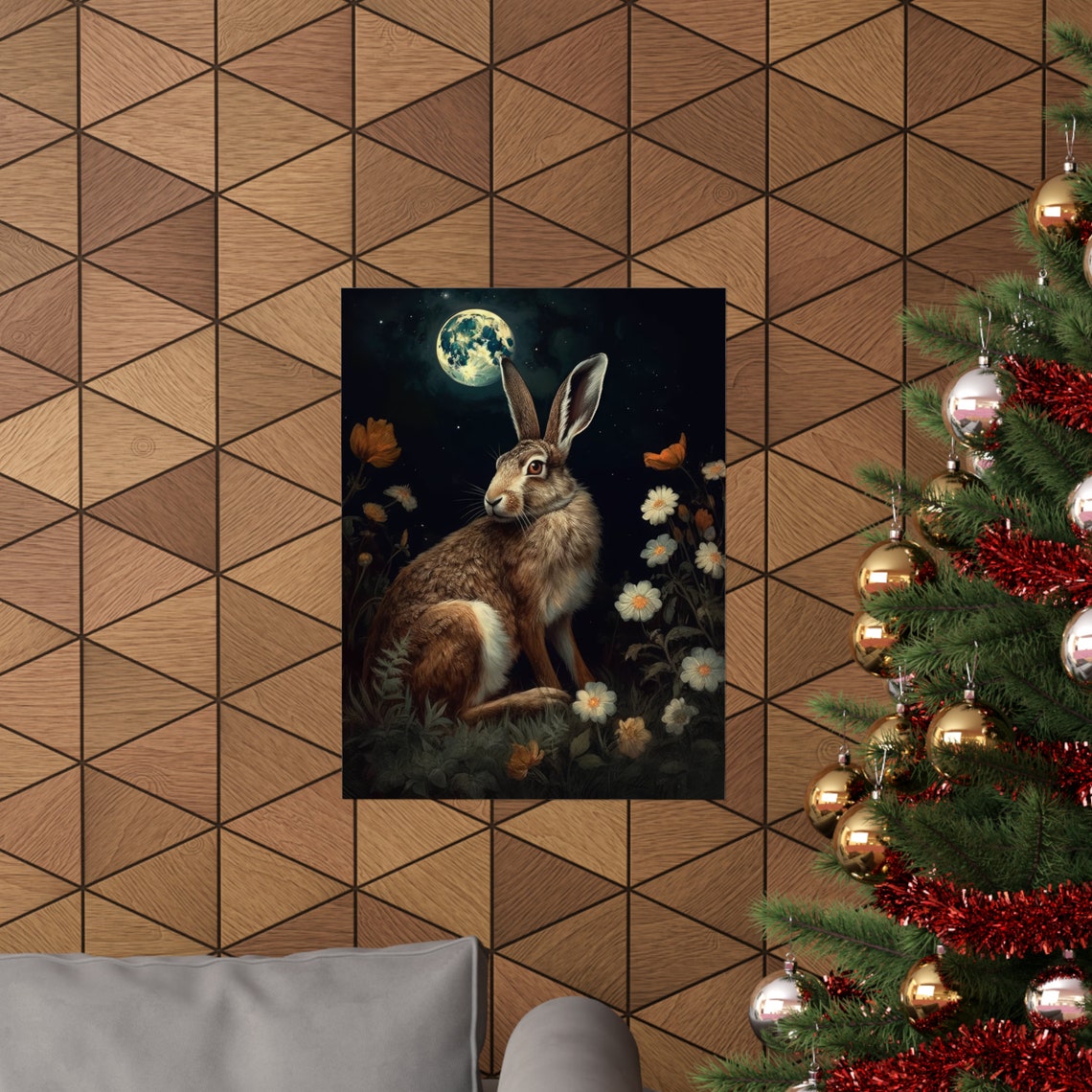 Wild Hare Under Full Moon Dark Academia Floral Night Scene Poster - Image 3