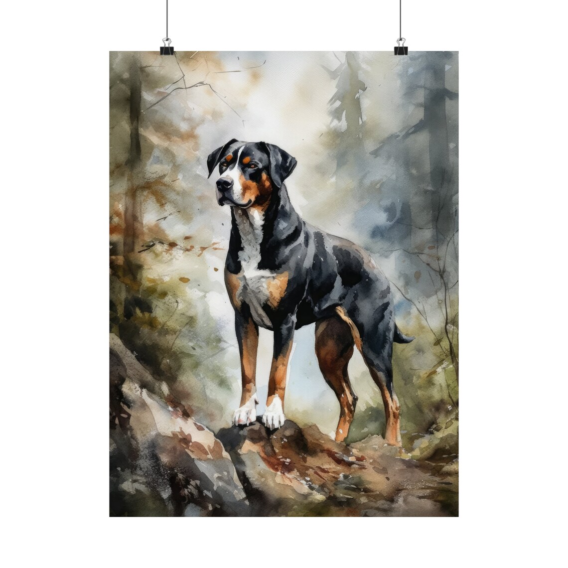 Greater Swiss Mountain Dog Standing In Misty Forest Watercolor Poster - Image 5