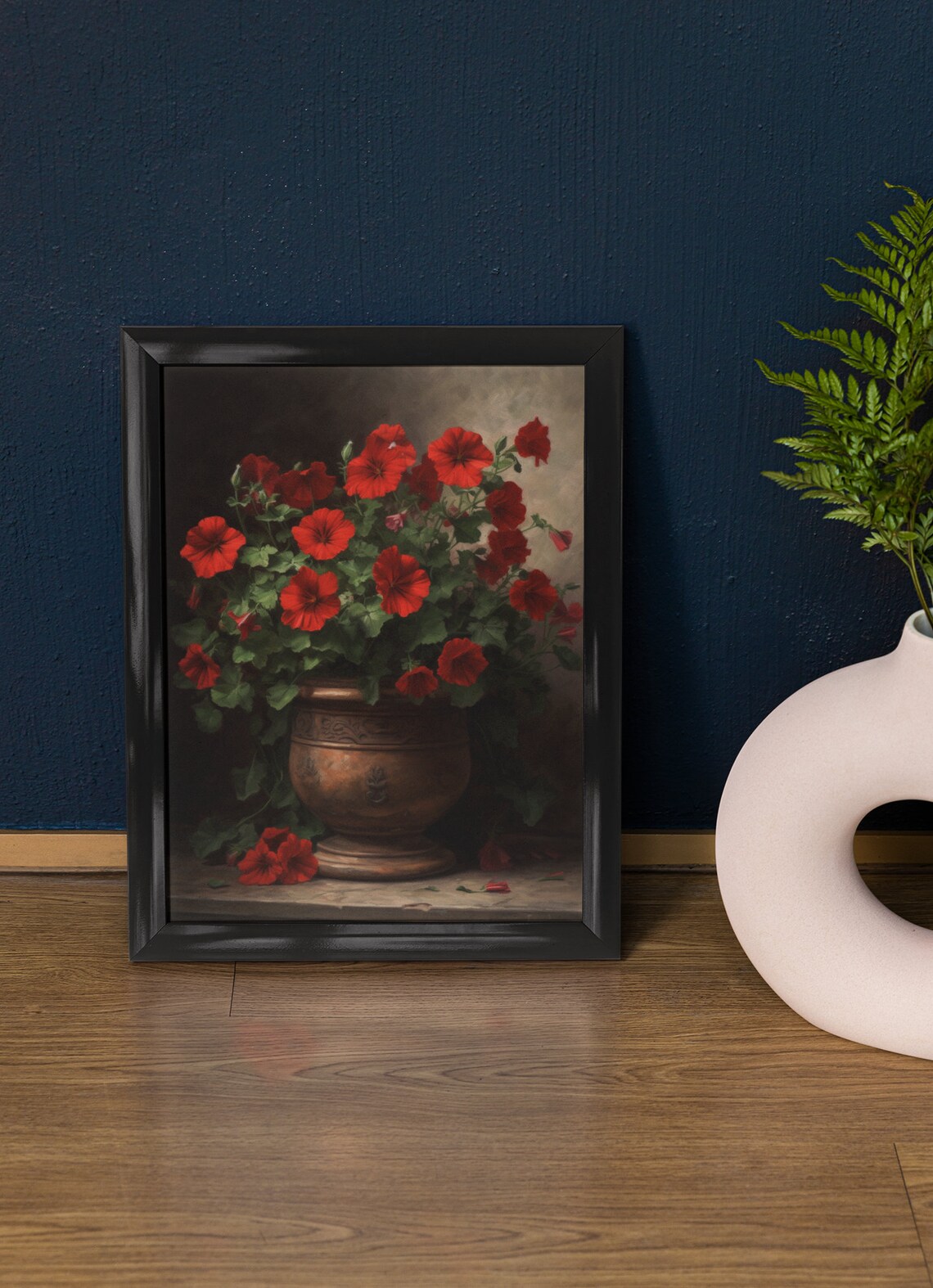Red Petunias Copper Urn Dark Moody Floral Still Life Art Poster