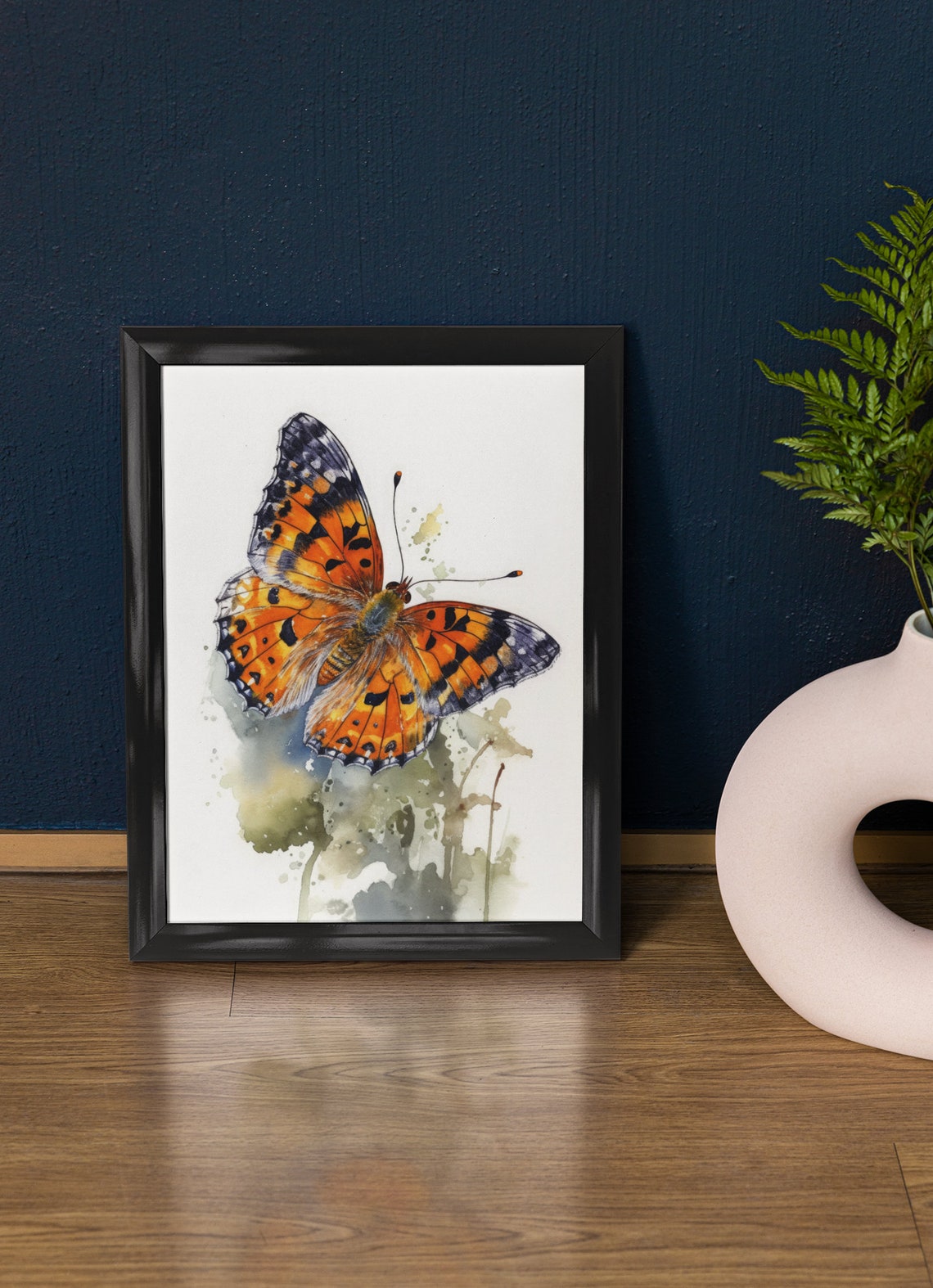 Pearl Crescent Butterfly Watercolor Orange Black Wings Art Print