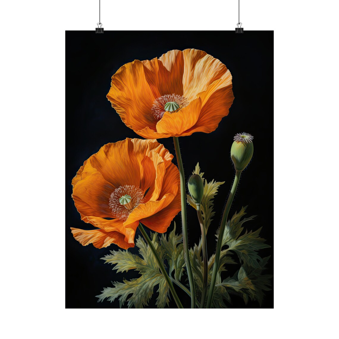 California Poppy Vivid Orange Blooms Buds Dark Floral Painting Poster - Image 5