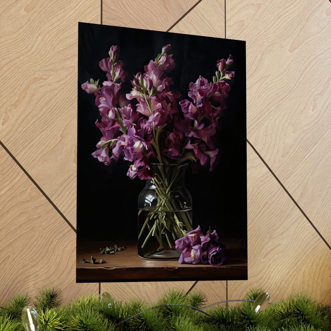 Purple Snapdragon Flowers Glass Vase Dark Dramatic Floral Art Print - Image 2