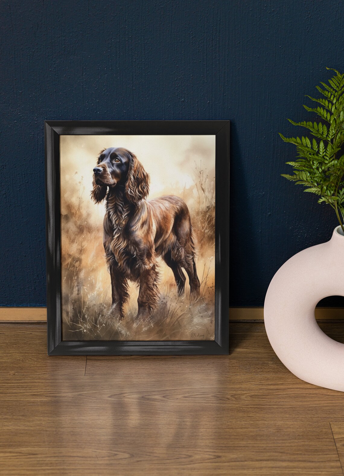 Field Spaniel Standing in Golden Meadow Watercolor Dog Art Print