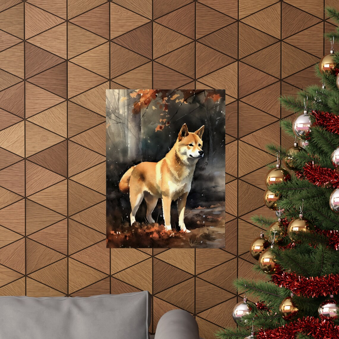 Shiba Inu Standing In Autumn Forest Golden Watercolor Dog Print - Image 3