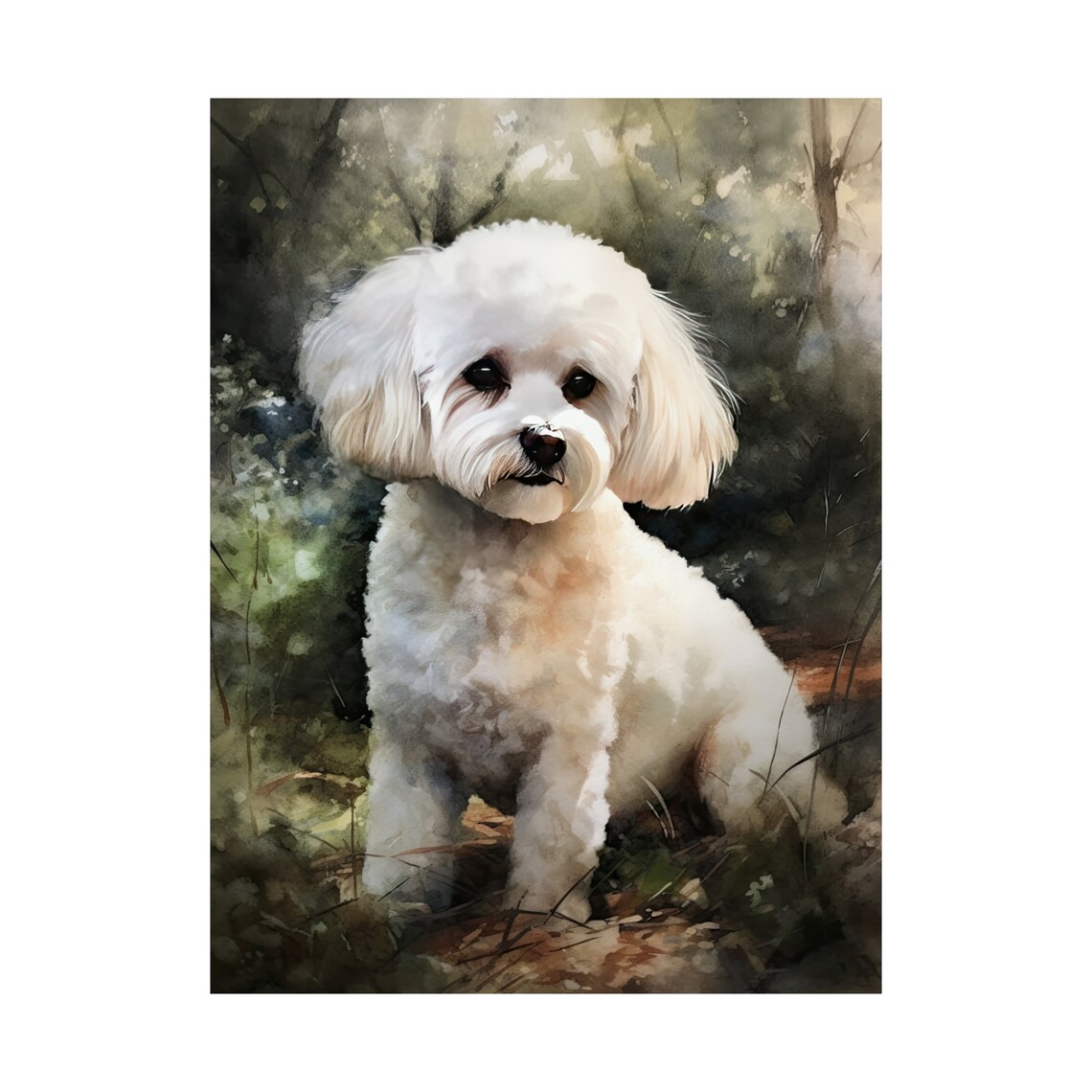 White Bichon Frise Sitting In Garden Fluffy Coat Watercolor Dog Print - Image 4