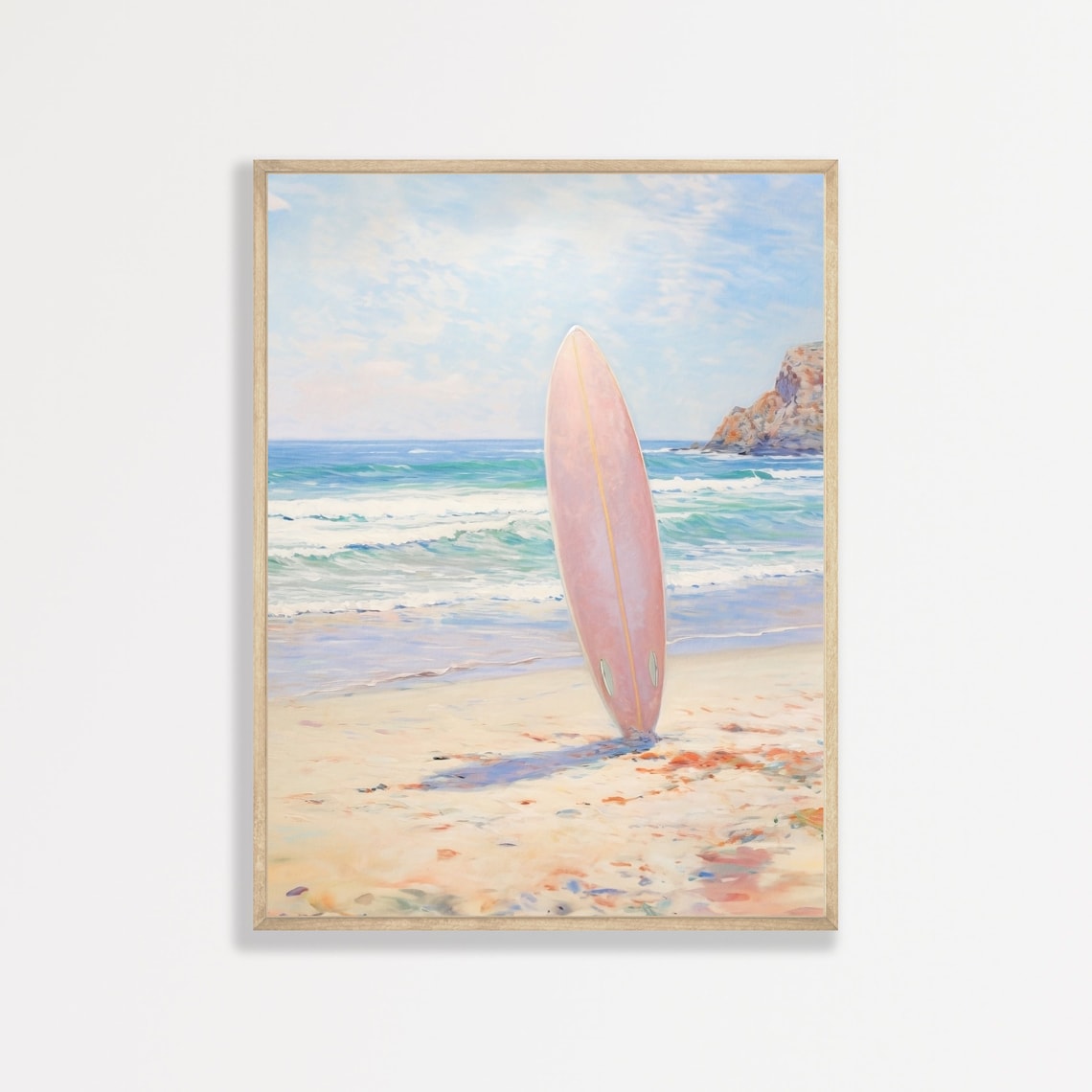 Pink Surfboard Retro Beachy Art Print, Pastel Seascape