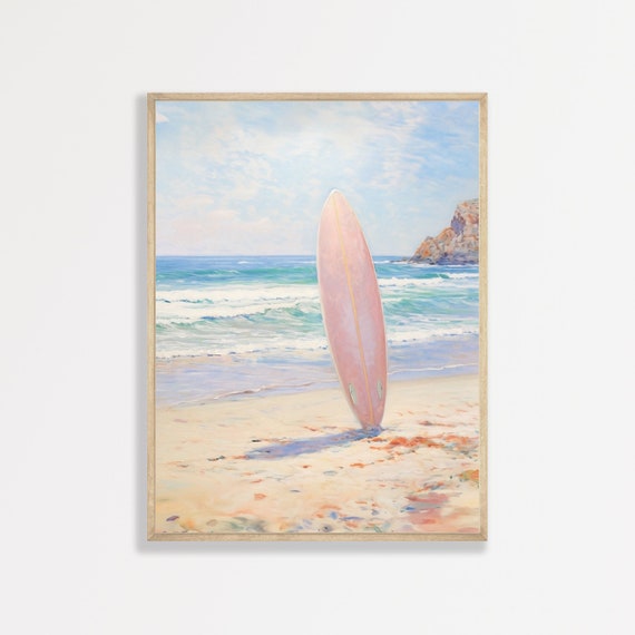 Pink Surfboard Retro Beachy Art Print, Pastel Seascape