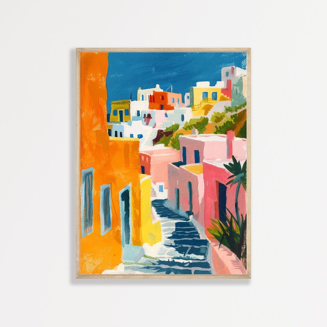 Mykonos Greece Colorful Alley Steps Blue Sky Summer Travel Poster