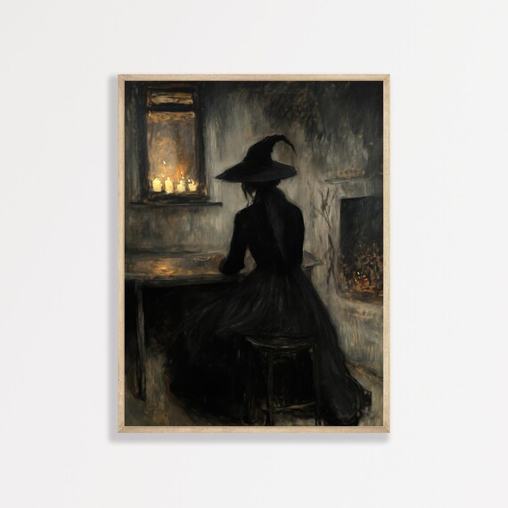 Witch by Candlelight Fireplace Dark Cottage Moody Vintage Art Poster