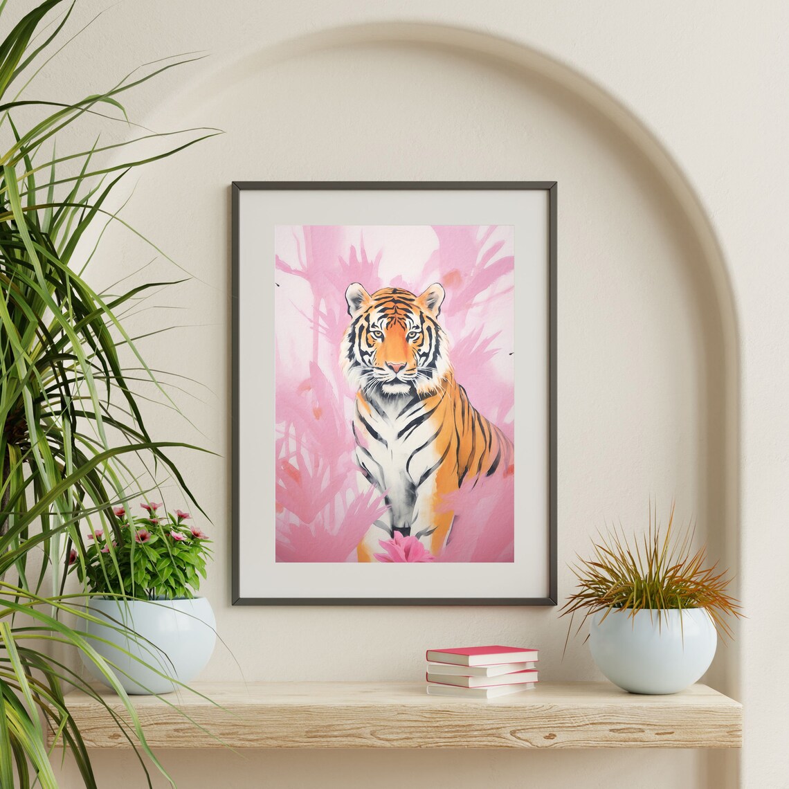 Tiger Pink Botanical Jungle Retro Pastel Wildlife Trendy Aesthetic Art Print - Image 2