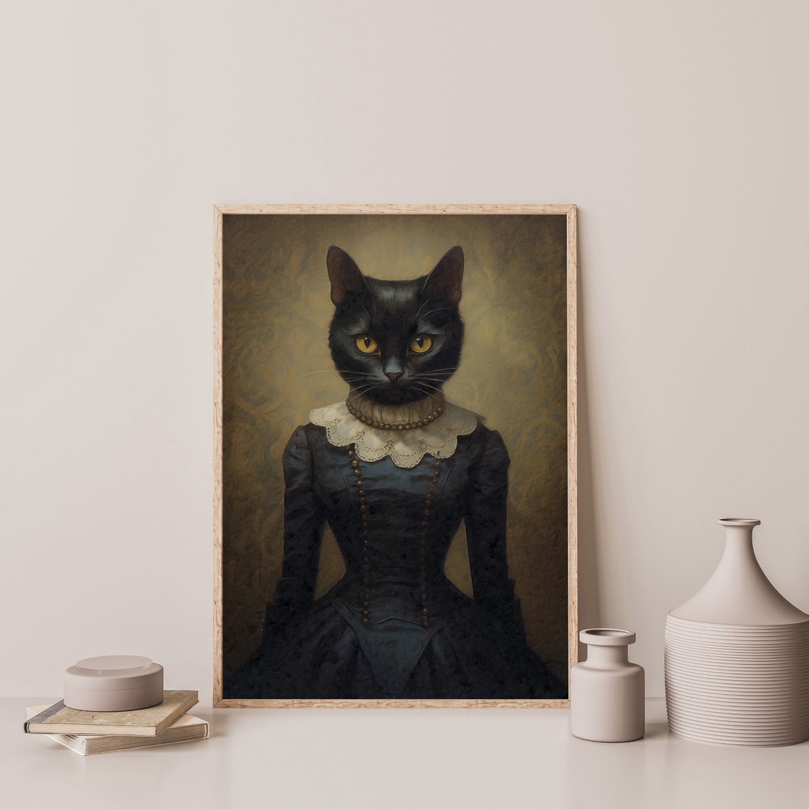 Black Cat in a Victorian Dress with Lace Collar Gothic Portrait Poster - Image 3