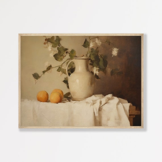 Vintage Still Life Painting Minimalist Antique Wall Art Rustic Neutral Decor P 864