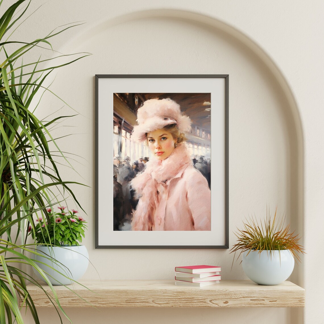 Train Station Portrait, Pastel Pink Oil Painting Print - Image 2