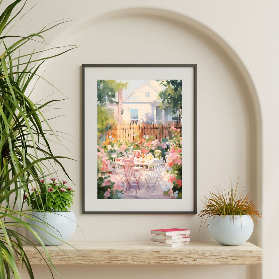 Garden Picnic Table Summer Lunch Flowers Fence Sunny Backyard Wall Art - Image 2