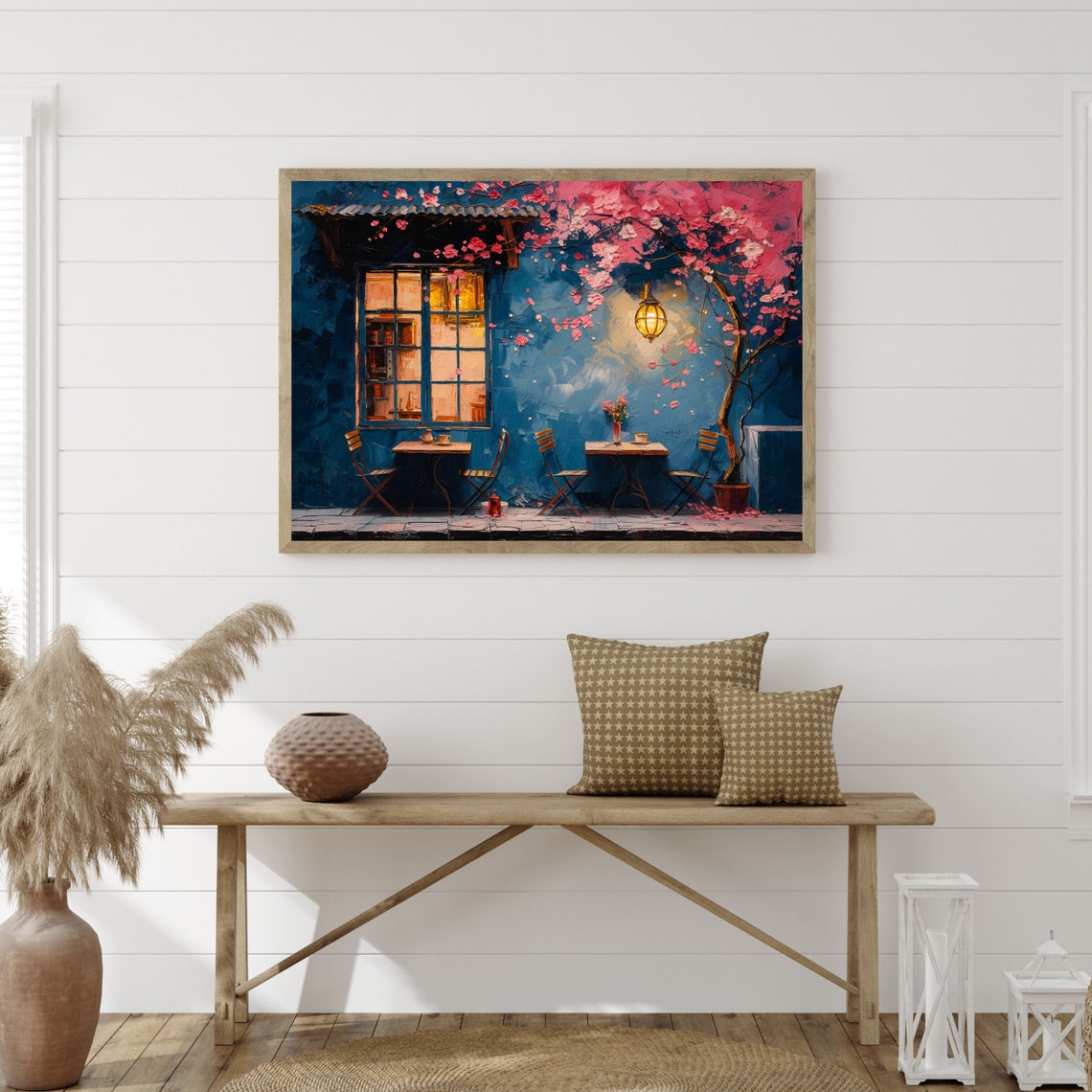 Blue Cafe Terrace Night Pink Blossom Tree Lantern Glow Art Poster - Image 3