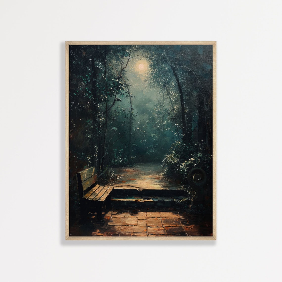 Moonlit Forest Path Wooden Bench Night Mist Moody Landscape Poster
