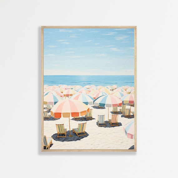 Retro Beach Umbrellas Art Print, Coastal Minimalist