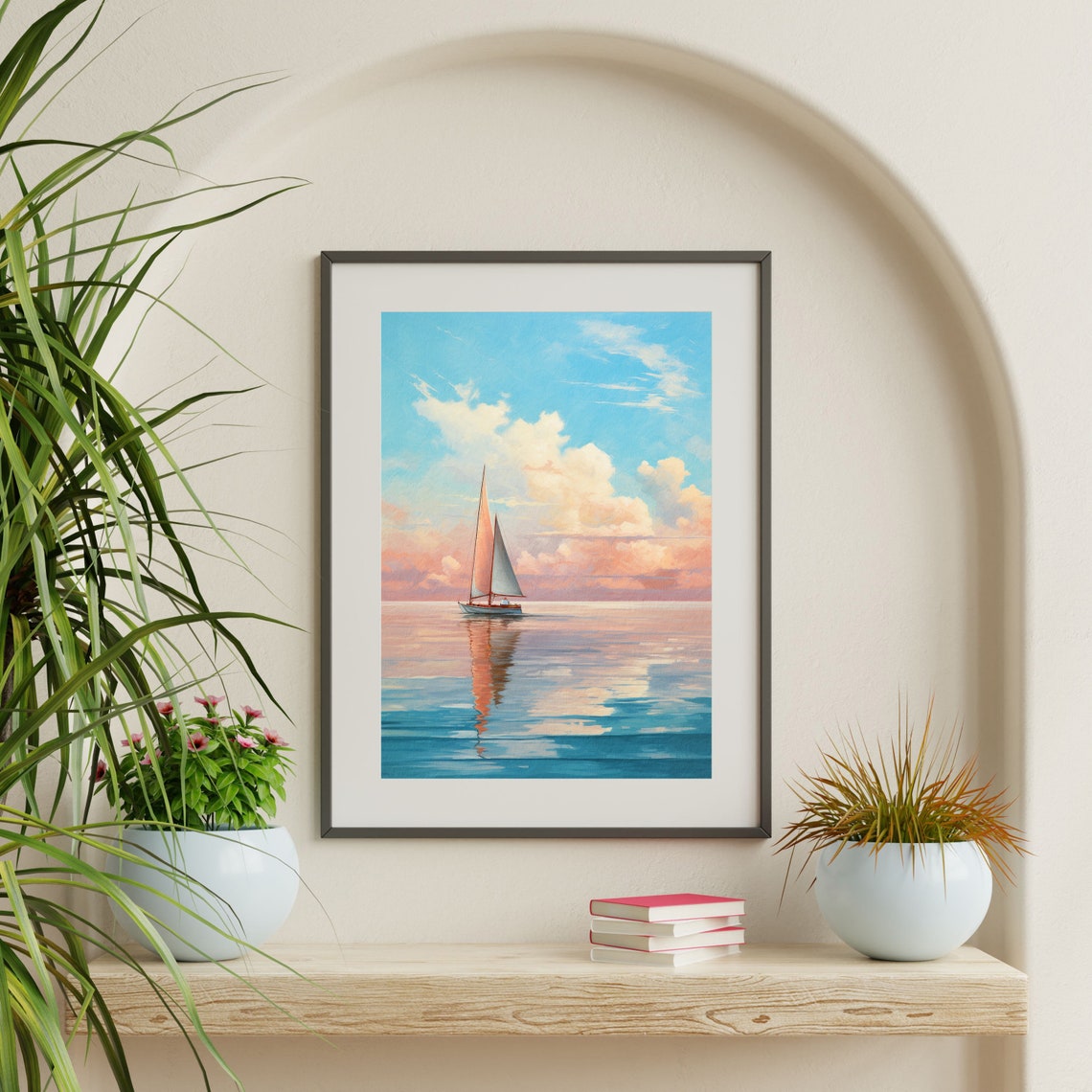 Lone Sailboat Calm Ocean Pink Sky Cloud Reflection Peaceful Poster - Image 2
