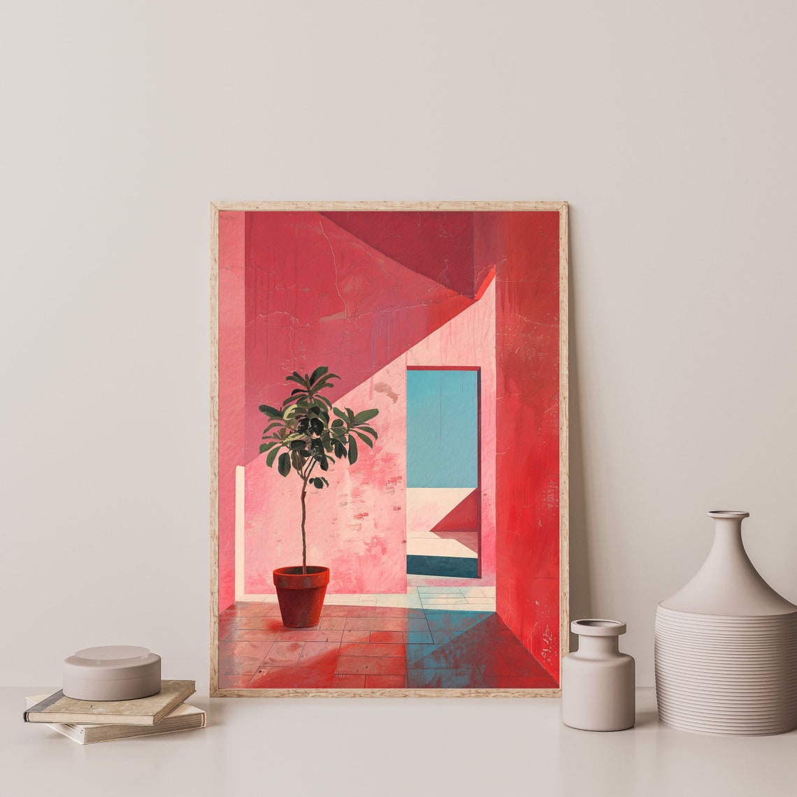 Pink Architectural Interior Potted Tree Blue Sea Minimal Art Poster - Image 3