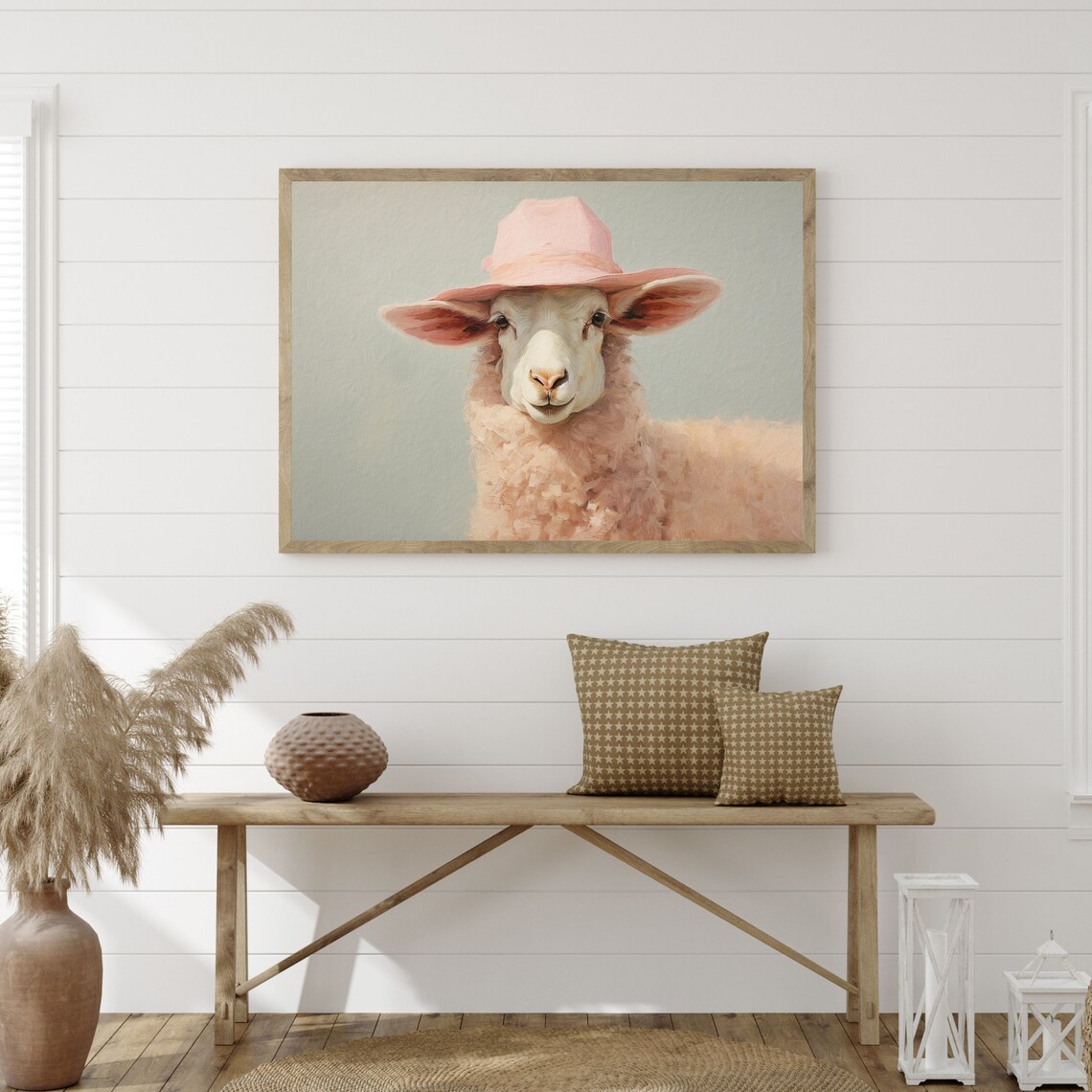 Smiling Sheep Pink Cowboy Hat Pastel Nursery Cute Farm Animal Poster - Image 3
