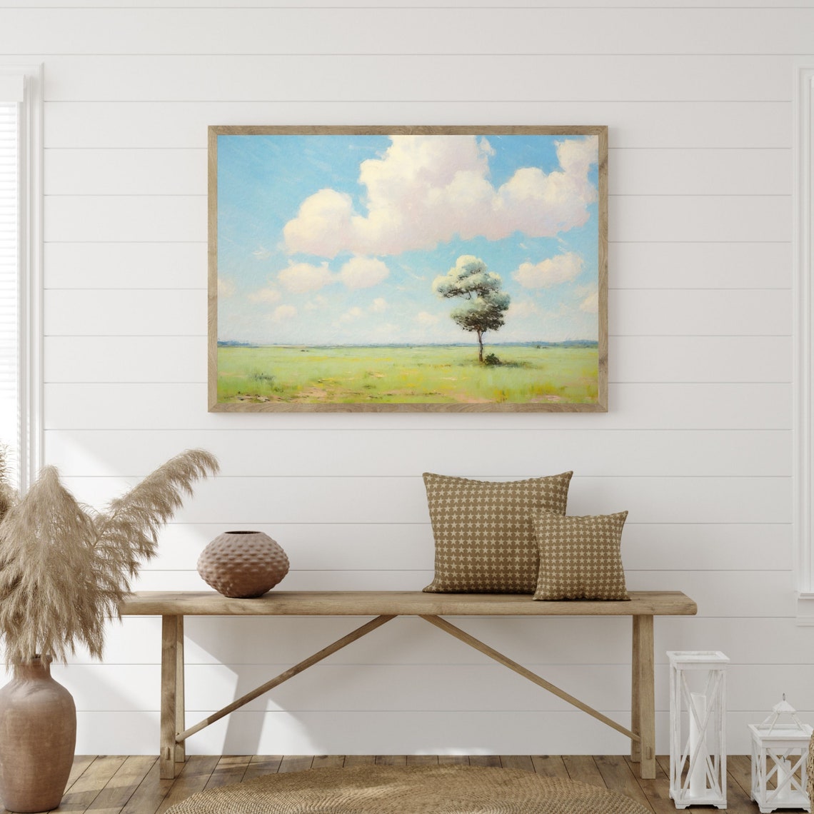 Lone Tree Green Spring Field Fluffy Clouds Vintage Landscape Poster - Image 3