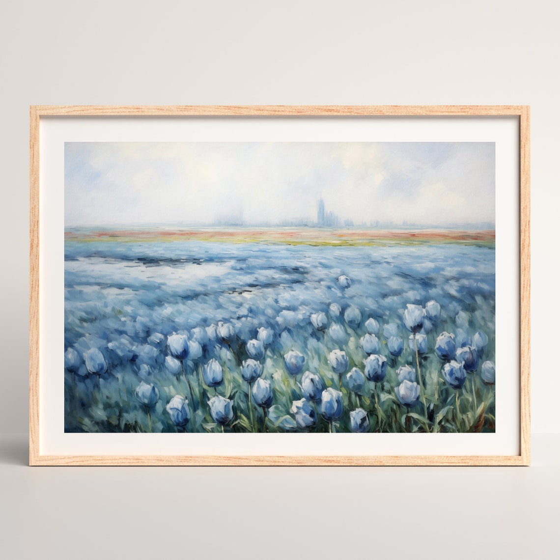 Blue Tulip Field Misty Horizon Vintage Floral Landscape Wall Art - Image 2