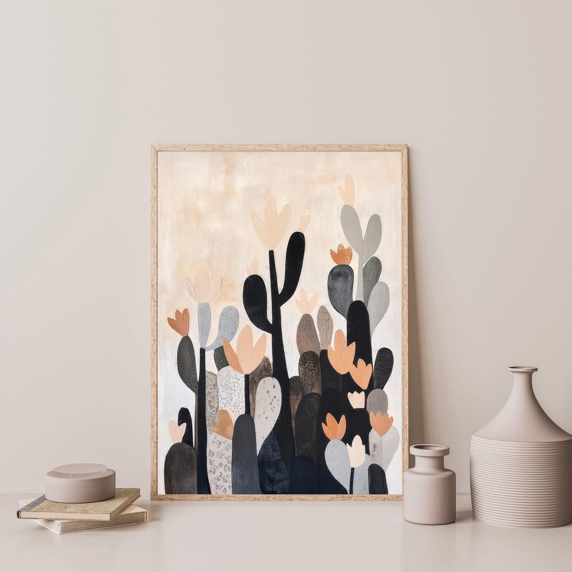 Stylized Cactus Garden Desert Blooms Black Blush Modern Art Poster - Image 3