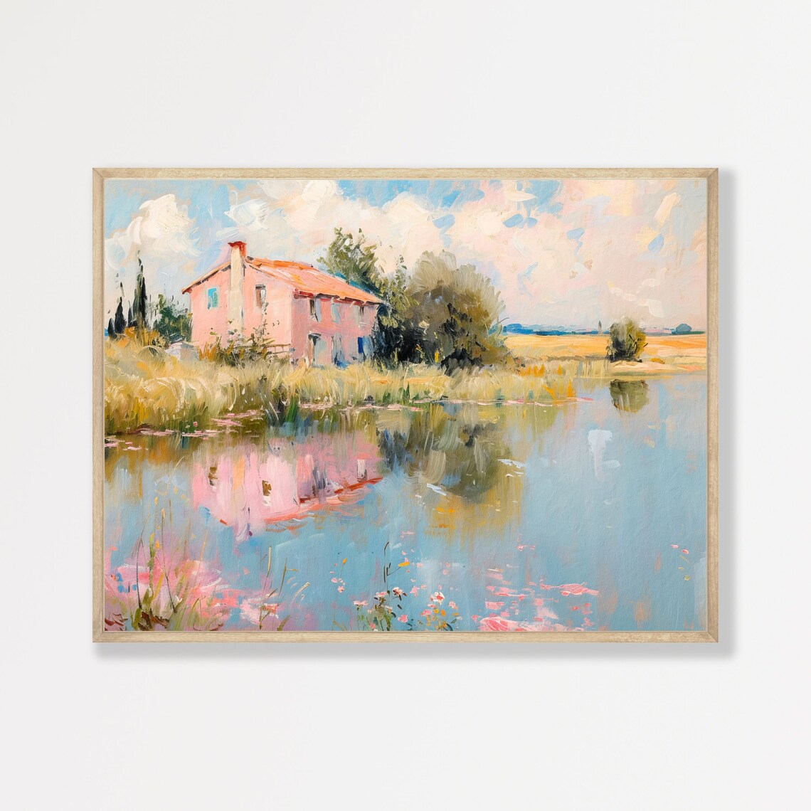Pink Pastel Cottage Landscape, Retro Art Print