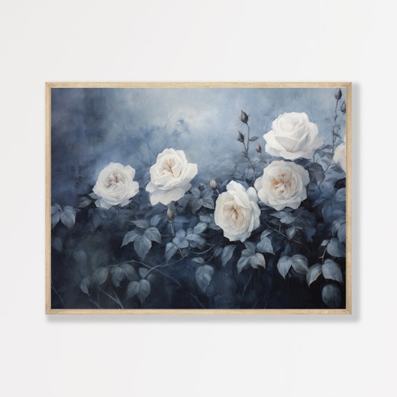 Vintage Roses Painting Antique Moody Still Life Wall Art Print Minimal Indigo Blue Floral Home Decor P 918