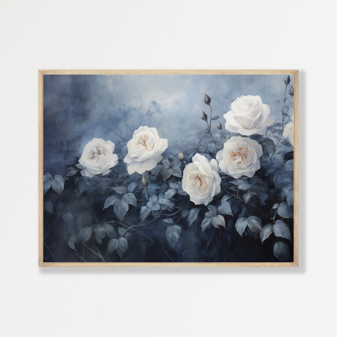 Vintage Roses Painting Antique Moody Still Life Wall Art Print Minimal Indigo Blue Floral Home Decor P 918