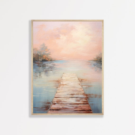 Summer Lake Print Vintage Pastel Landscape Painting Retro Minimalist Wall Art Modern Country Decor P 605