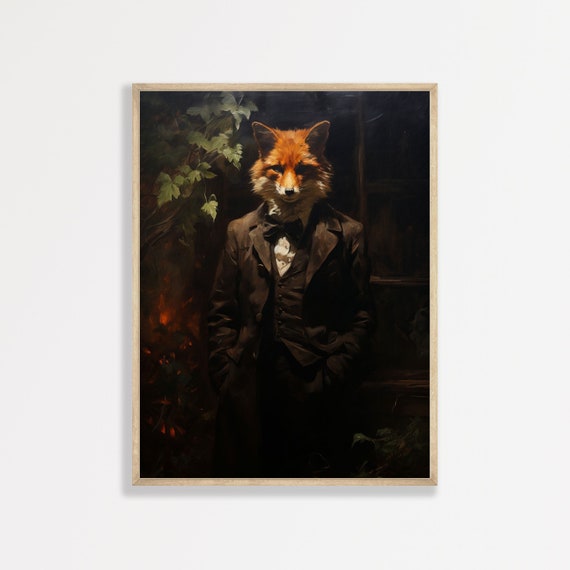 Fancy Fox Painting Moody Dark Cottagecore Decor Funny Dark Academia Wall Art Moody Vintage Antique Aesthetic P 431