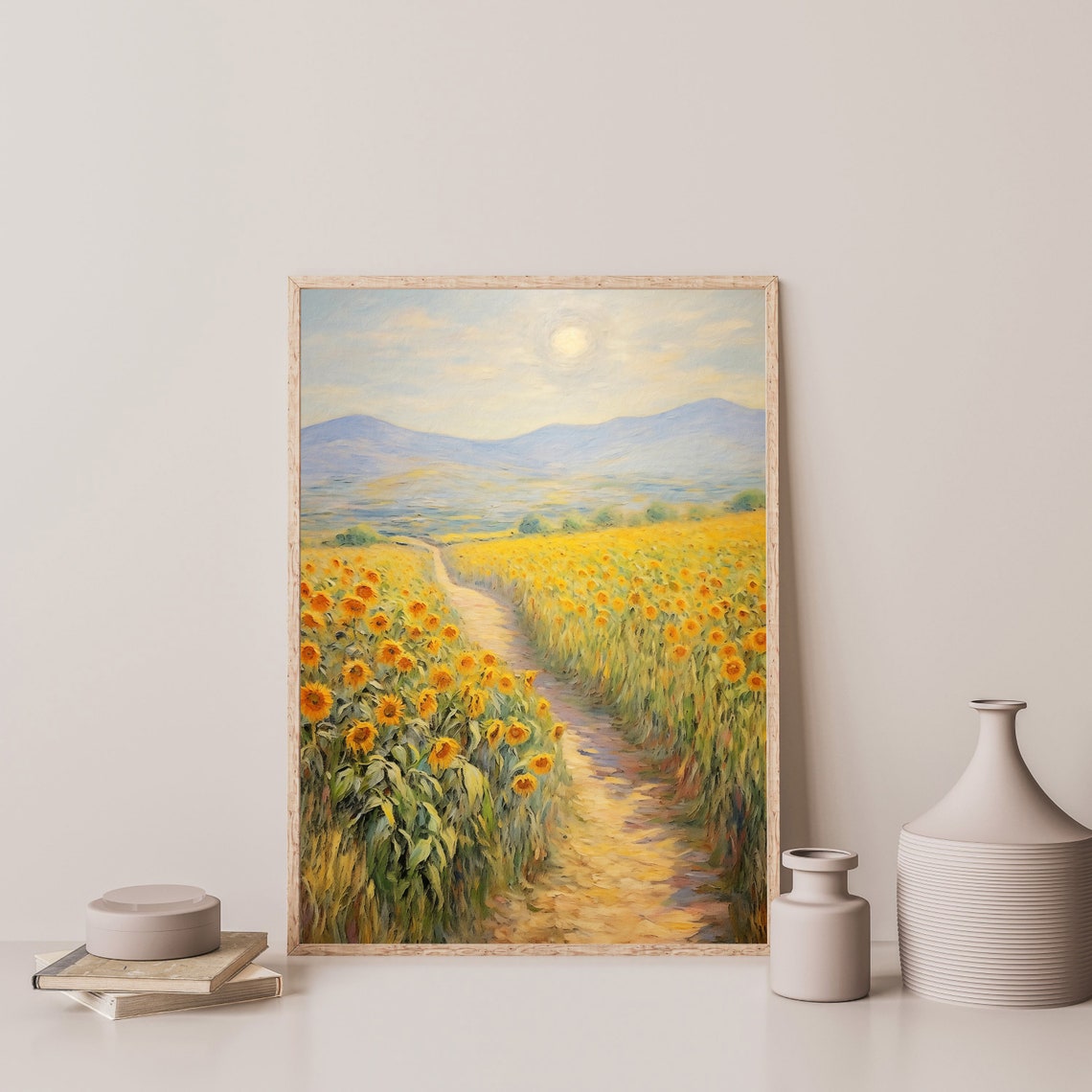 Sunflower Field Path with Mountain View Vintage Landscape Poster - Image 3