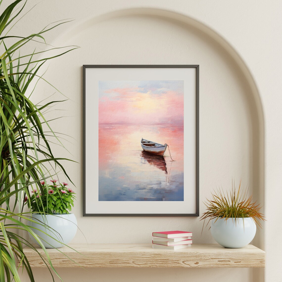 Lone Boat Pink Sunset Glassy Water Minimalist Romantic Painting Poster - Image 2