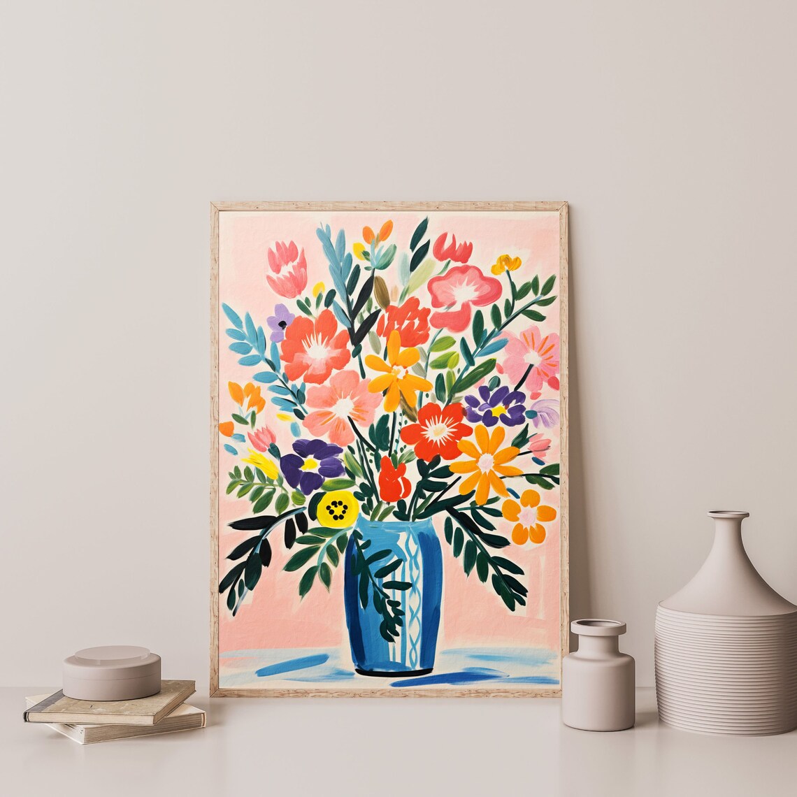 Colorful Wildflower Bouquet Blue Vase Pink Folk Bloom Poster - Image 3