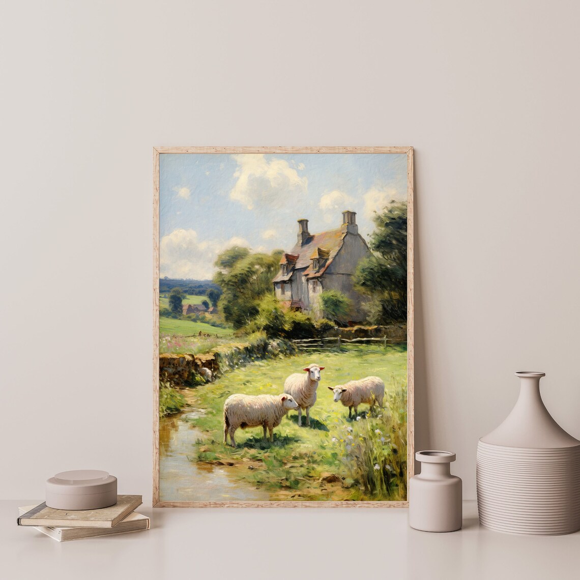 Sheep Vintage Country Farmhouse Landscape Art Print - Image 3