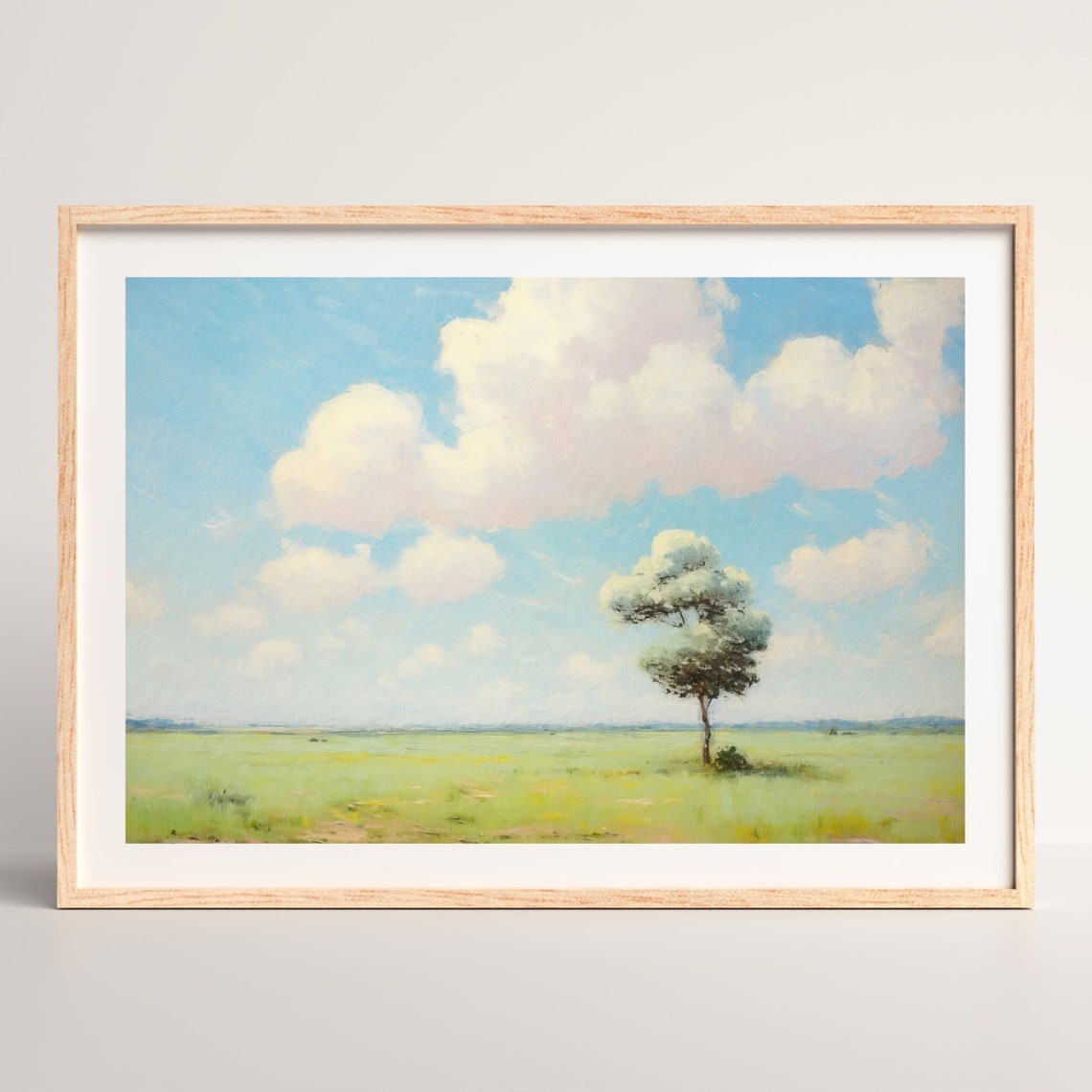 Lone Tree Green Spring Field Fluffy Clouds Vintage Landscape Poster - Image 2
