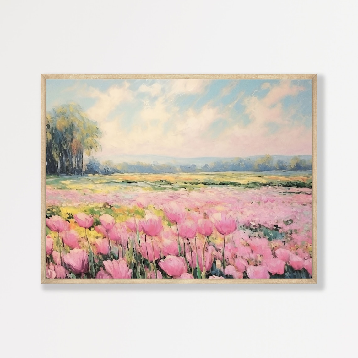 Tulip Field Retro Pink Landscape, Vintage Art Print