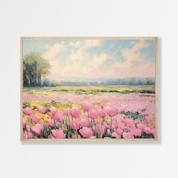 Tulip Field Retro Pink Landscape, Vintage Art Print