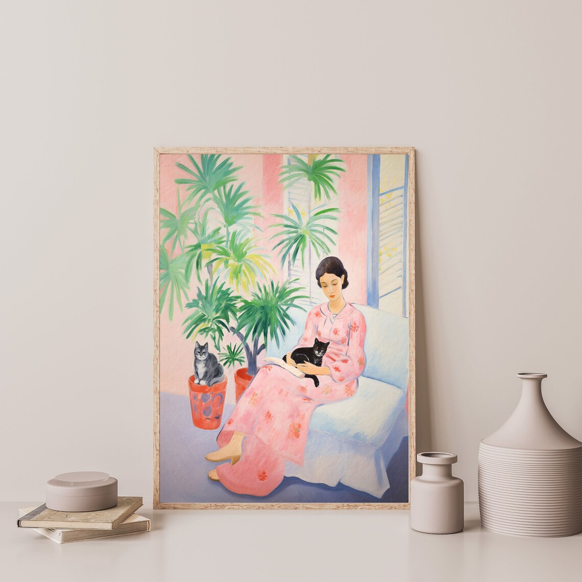 Woman Reading Sofa Cats Palm Trees Matisse Style Vintage Interior Wall Art Print - Image 3