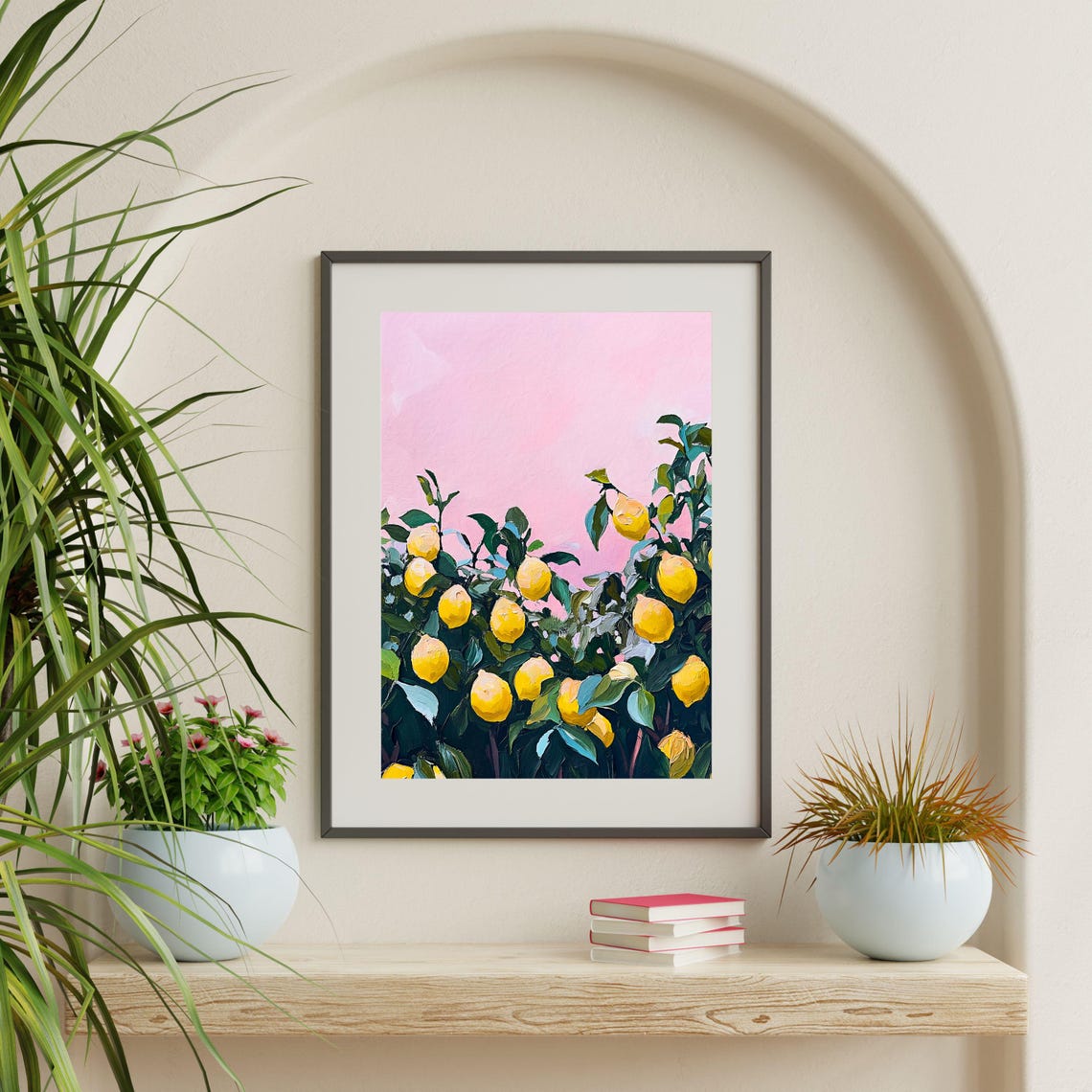 Lemon Tree Pink Sky Yellow Lemons Bold Botanical Retro Art Poster - Image 2