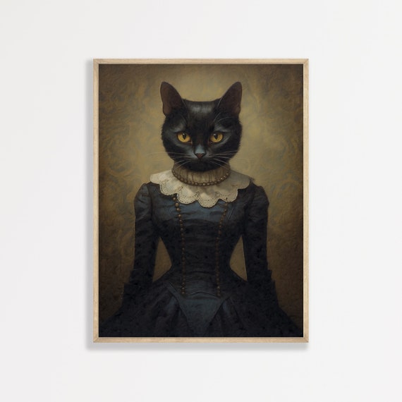 Gothic Black Cat Print Moody Vintage Wall Art Dark Academia Decor Antique Artwork P 794
