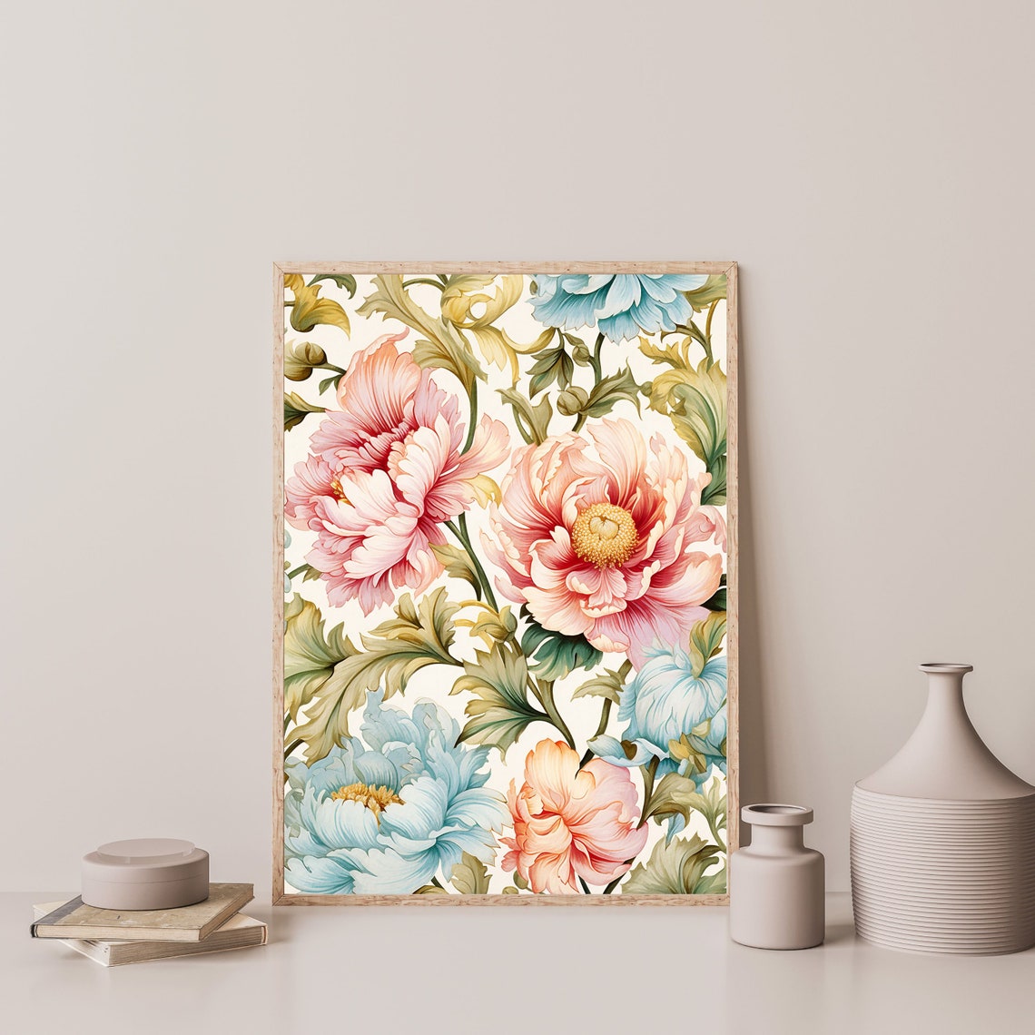 William Morris Style Pink Peony Blue Floral Pattern Art Print - Image 3