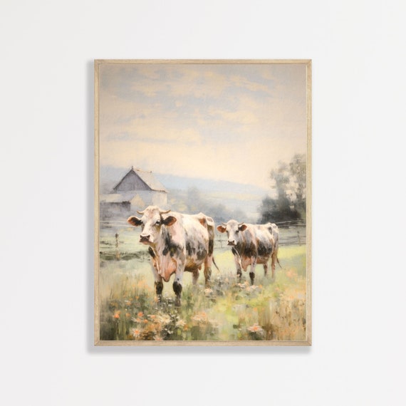 Country Cows Retro Farmhouse Landscape Art Print
