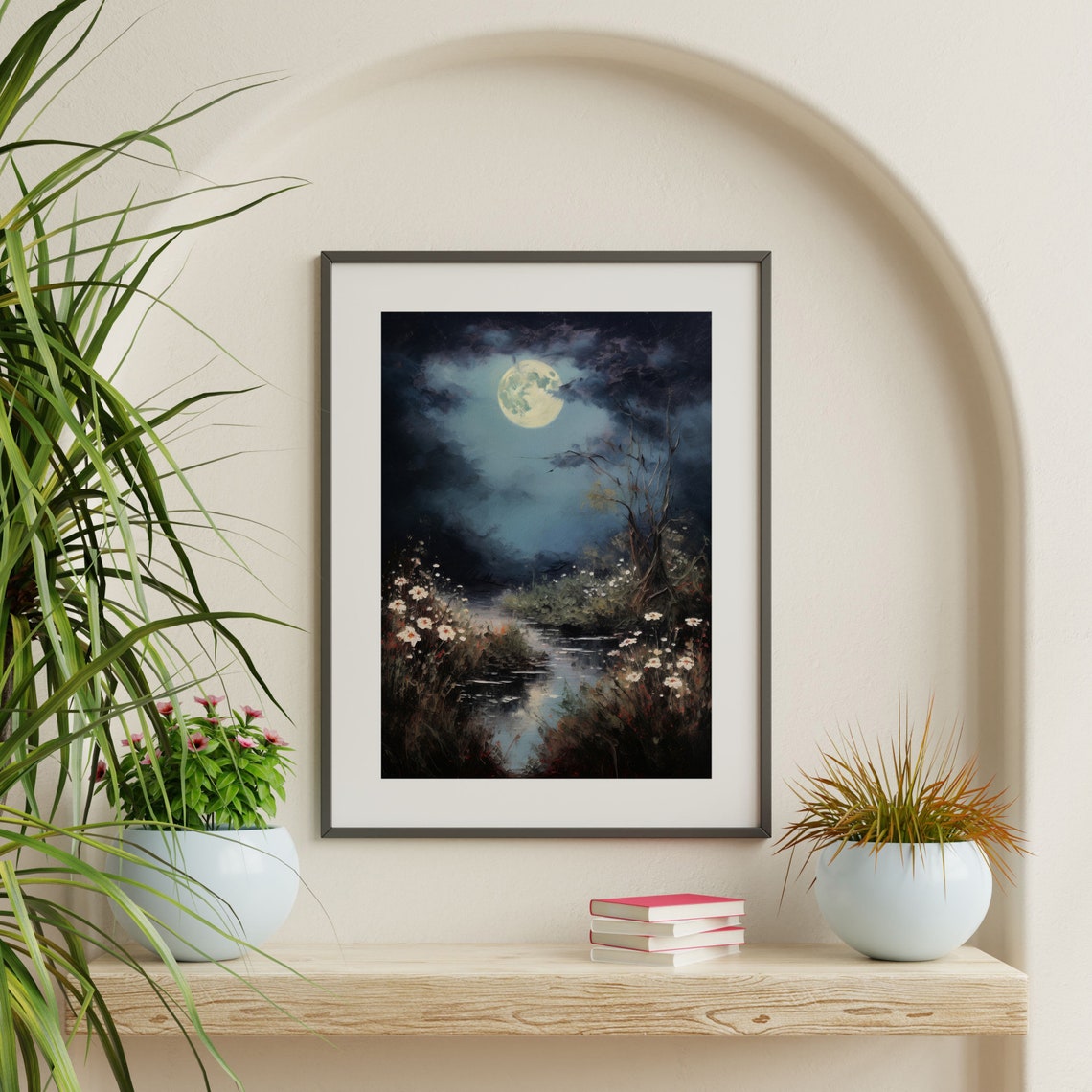 Moon Wildflowers Painting Vintage Gothic Night Landscape Print Antique Moody Cottagecore Aesthetic Wall Art Decor P 963 - Image 2