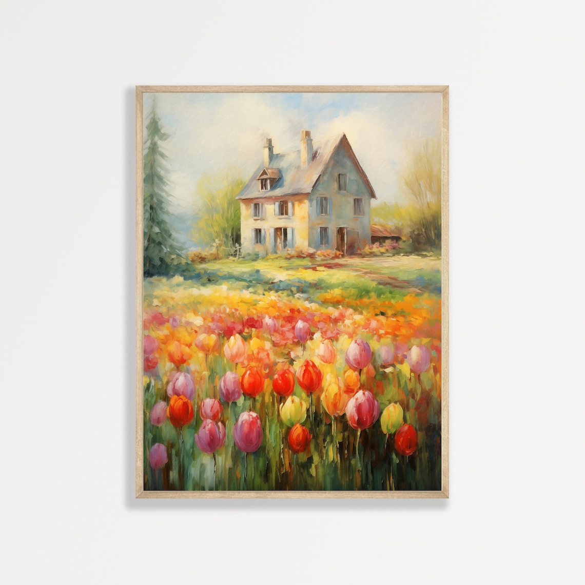 Country Cottage Behind Vibrant Tulip Field Painting Vintage Wall Art
